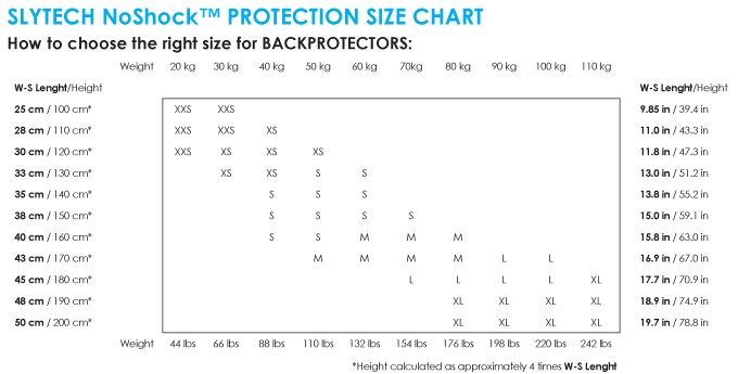 Slytech Back Protector Size Chart